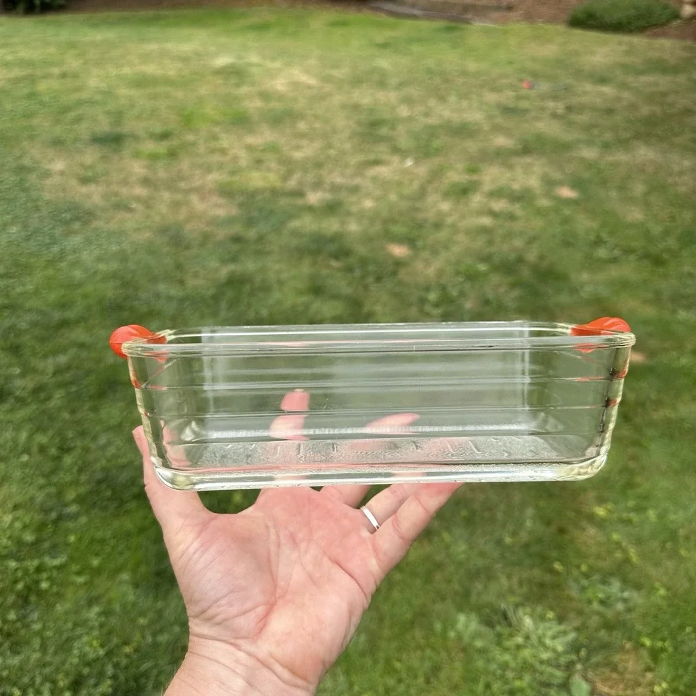 Vintage GLASBAKE #59 Clear Glass Loaf Pan Baking Dish Ornate Orange Handles USA